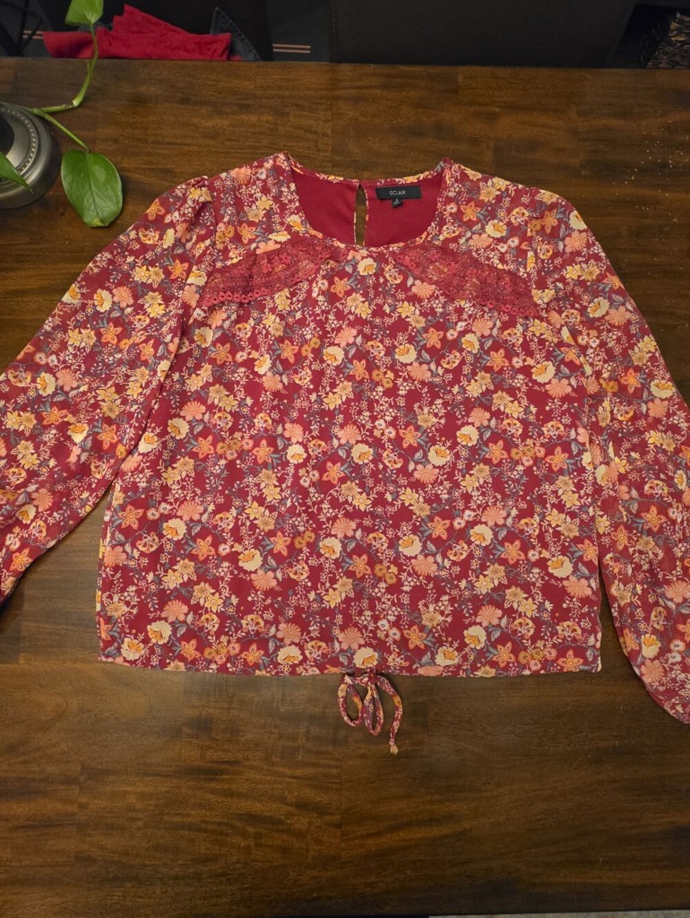 Eclair Floral Long Sleeve Blouse Size S Boho Lace Trim Tie Front Top